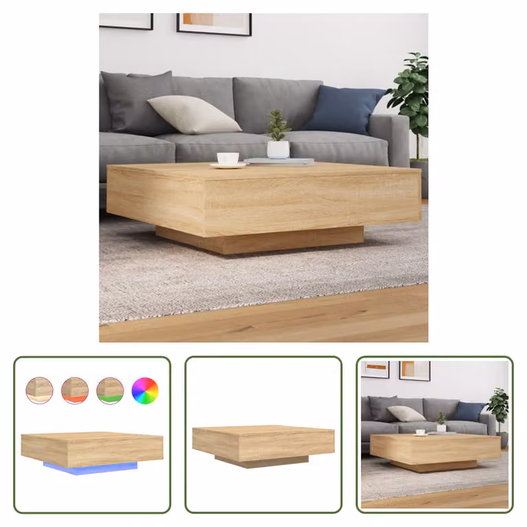 The Living Store Tavolino con luci LED rovere Sonoma 100x100x31 cm