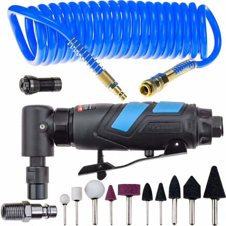 Smerigliatrice pneumatica angolare STIX STT-R12 con accessori e tubo aria a spirale inPoliuretanoda 5 m 12/8 mm