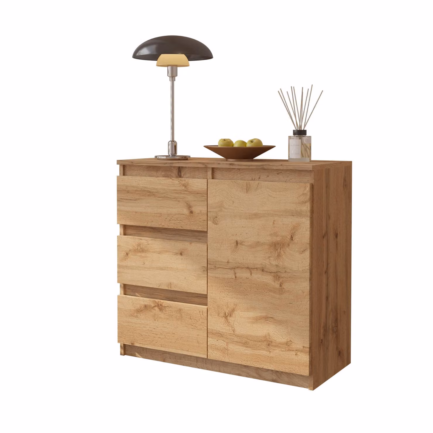 Cassettiera 80 Cm Rovere Wotan, 3 Cassetti, 1 Anta, 1 Ripiano, Soggiorno