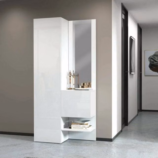Mobile da ingresso Bauladu DMORA, armadietto multifunzione moderno con specchio e 2 ante, Bianco lucido, L: 90 cm, P: 35 cm, H: 190 cm