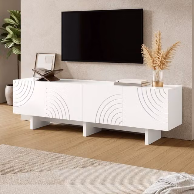 Mobile TV con 4 ante, divisorio centrale e passacavi, per soggiorno, in MDF e truciolare, bianco, 170 × 35 × 50 cm