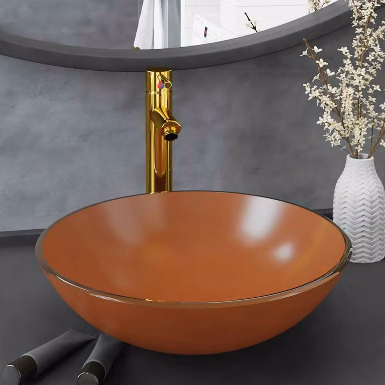 Lavandino con Rubinetto e Piletta in Vetro Temperato vidaXL, Colore Marrone e Oro, L/P/H: 42 x 42 x 13 cm