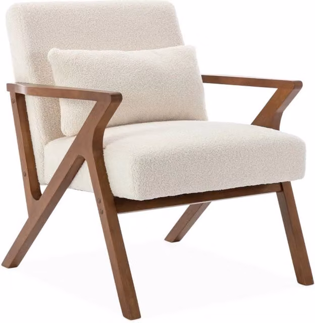 Poltrona lounge scandinava Sweeek in legno e tessuto bouclé, beige