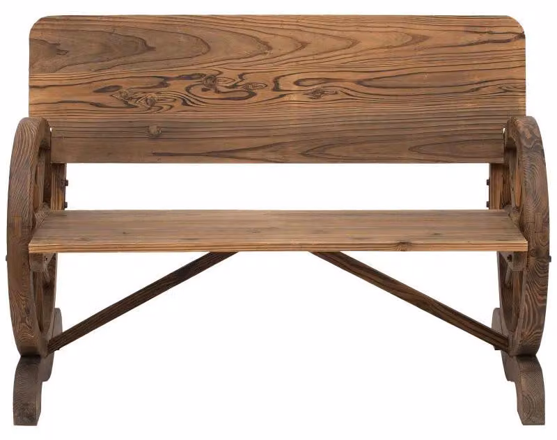 Panca da giardino rustica in legno con braccioli a forma di ruota di carro | Colore: marrone scuro | Dimensioni: 58x114x80 cm