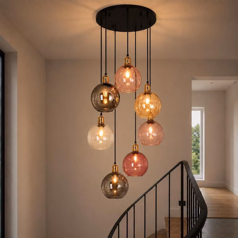 ZMH Lampada a sospensione 7 luci vetro colorato 190cm regolabile in altezza per scala villa soggiorno sala da pranzo camera soffitti alti