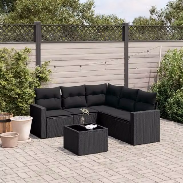 Set Divano da Giardino 6 pz con Cuscini Nero in Polyrattan 3251292