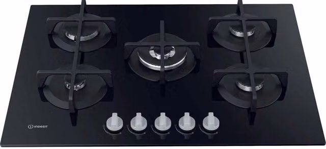 Indesit ing 72t/bk piano cottura 5 fuochi gas in vetro nero con griglie in ghisa