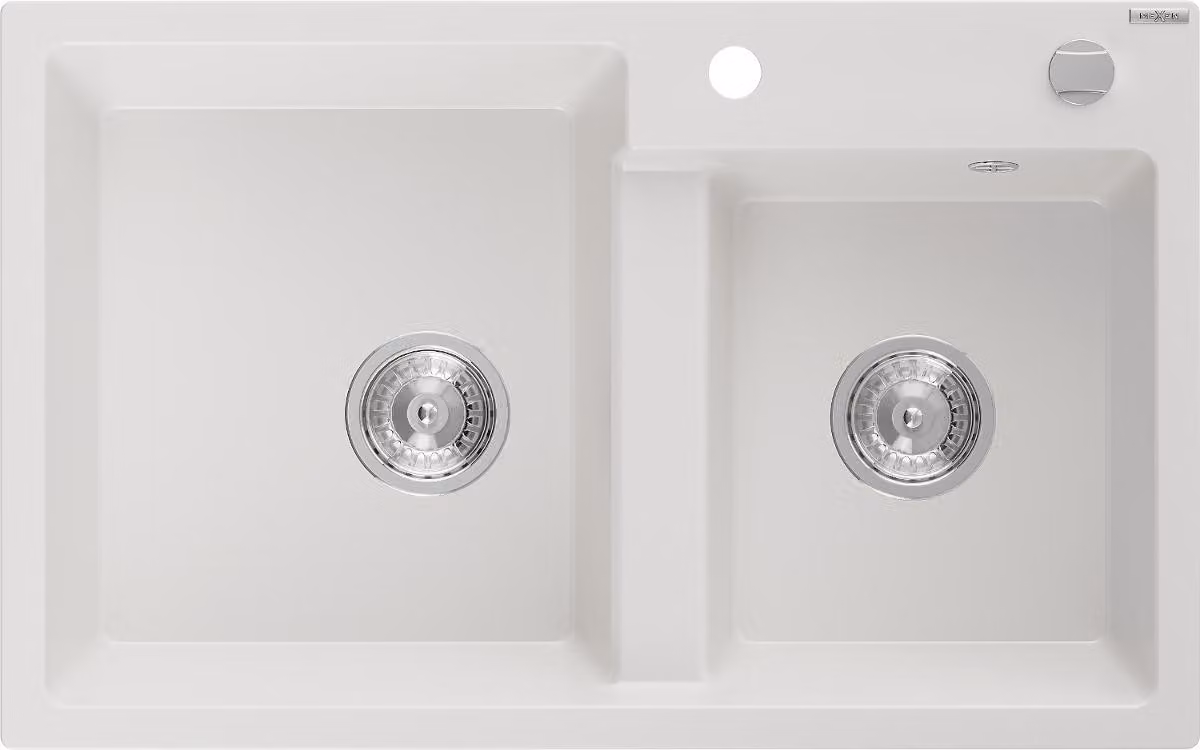 Mexen Tomas lavello in granito a 2 vasche 800 x 500 mm, bianco, sifone cromato - 6516802000-20