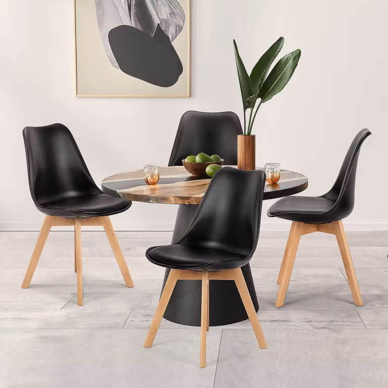 Set di 4 sedie da pranzo, stile Mid-Century Modern, rivestite in ecopelle, con gambe in legno, colore nero