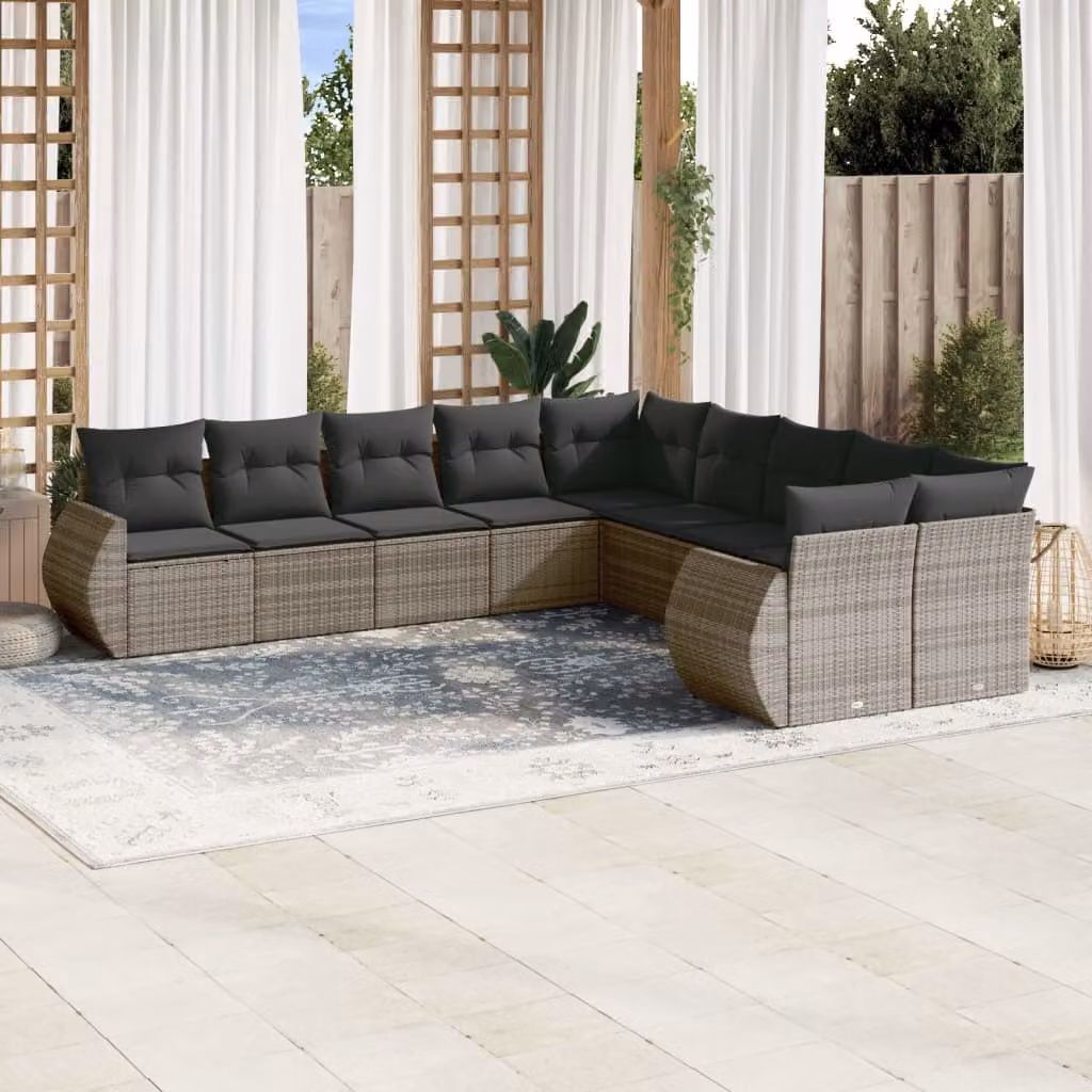 vidaXL Set Divani da Giardino 11 pz in Polyrattan Grigio con Cuscini e Tavolino da Caffè – 1