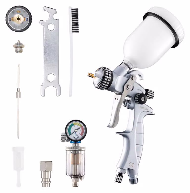 Pistola di verniciatura Benbow PK60, set di 9 pezzi, con separatore olio/acqua, ugello da 0,5 mm nel set, serbatoio da 600 ml, pressione 2 bar