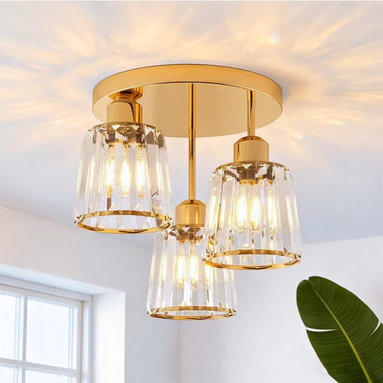 Lampada da soffitto moderna in cristallo dorata, ideale per l'ingresso, il corridoio, il balcone, l'atrio, la scala, piccole stanze e spogliatoi. Lampada da soffitto rotonda con paralume in cristallo, attacco E27