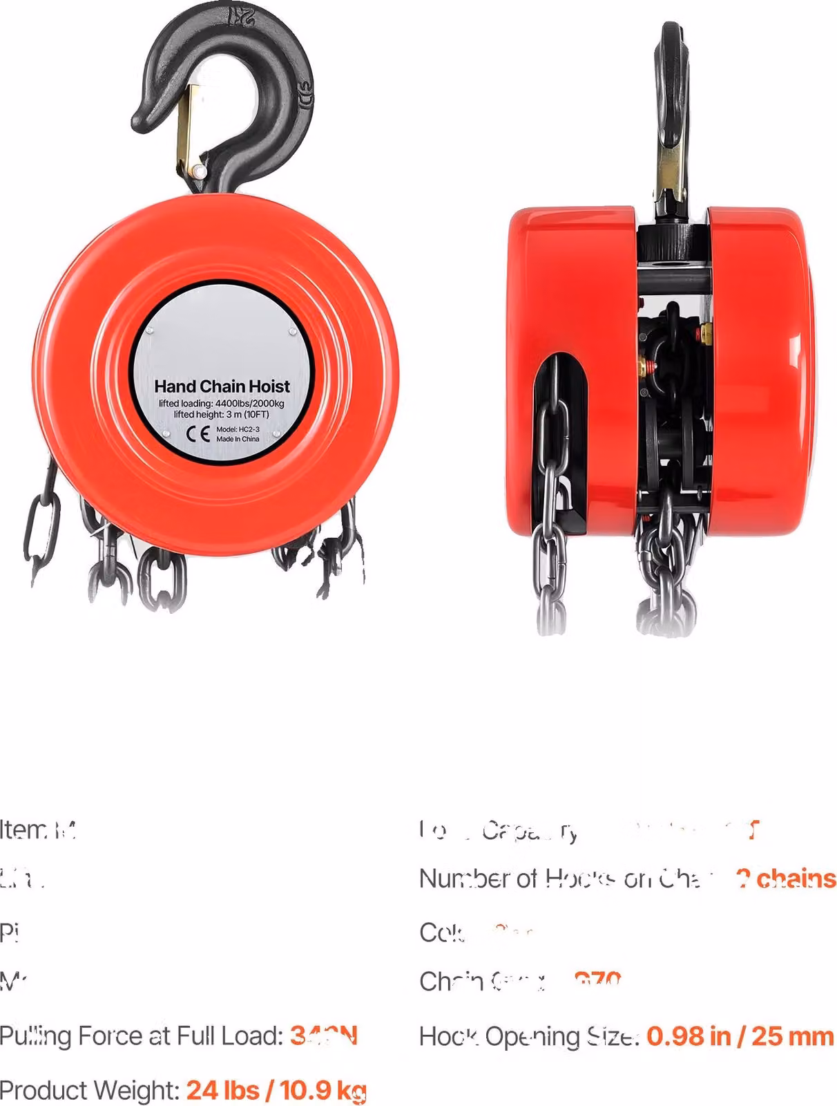 Catena manuale, portata 1000 kg, ganci girevoli a 360°, 2T 10FT