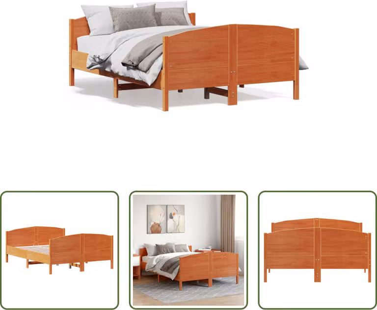 The Living Store Letto in legno massiccio con testiera marrone cera 140x200 cm pino