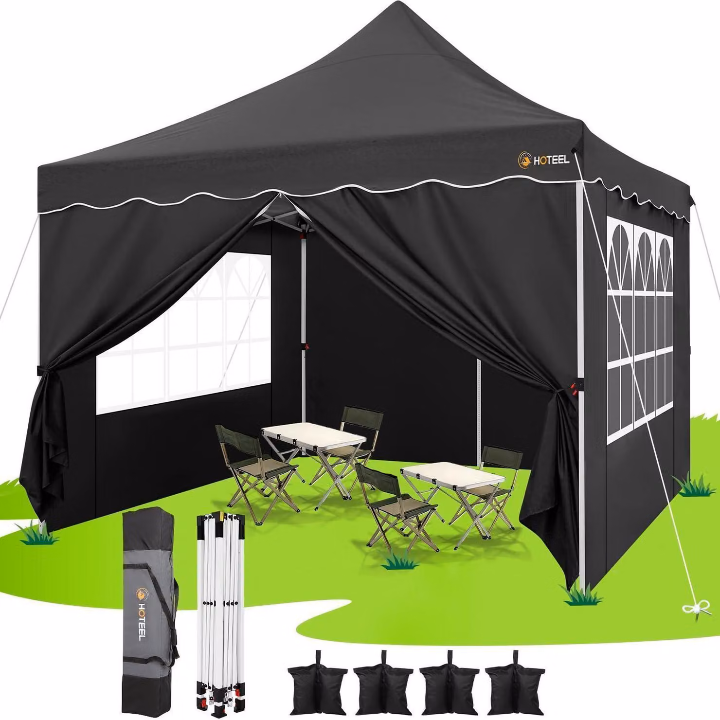 Gazebo da esterno 3x3 metri, impermeabile, con 4 pannelli laterali, protezione UV 50+, struttura in acciaio nero