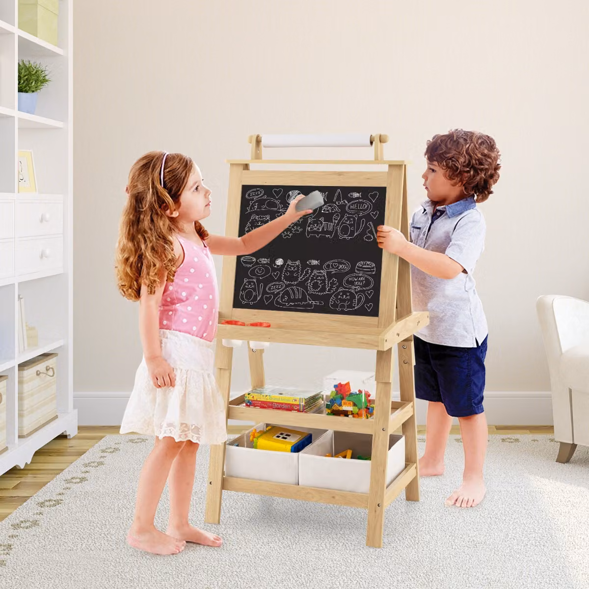 Cavalletto 3 in 1 Costway per bambini con lavagna bianca e nera e rotolo di carta, colore naturale e bianco