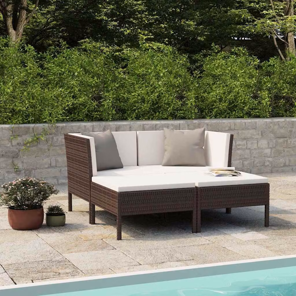 Set Divani da Giardino vidaXL 4 pz a Forma a L con Cuscini in Polyrattan e Struttura in Metallo Marrone e Bianco