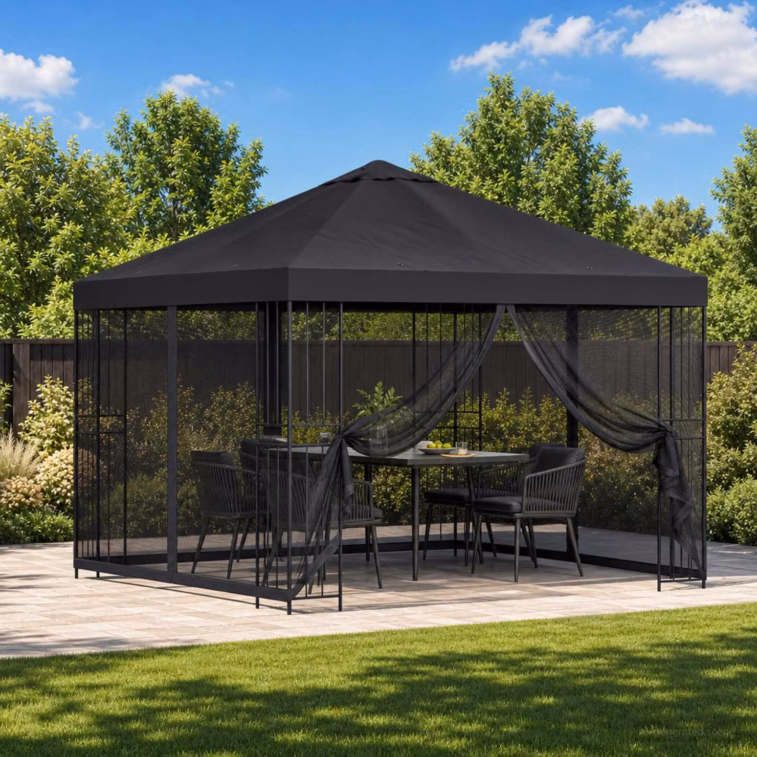 vidaXL Gazebo da giardino con pareti laterali e finestre in poliestere, struttura in acciaio zincato, Nero, L/P/H: 300 x 300 x 276,5 cm