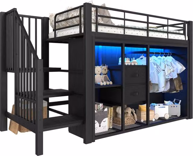 Letto a soppalco REDOM per adulti, colore nero e multicolore, con 2 cassetti, armadio aperto, scala a gradini e illuminazione LED sotto il letto, dimensioni 90 x 200 cm