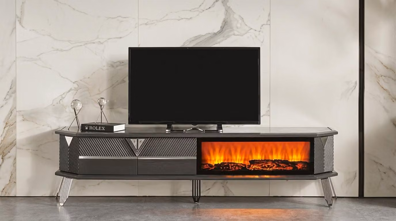 TV Board Stil modern schwarz Kamin geräumig praktisch bequem Wohnzimmer