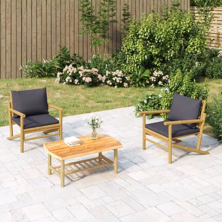 Set di 2 sedie da giardino vidaXL in bambù con cuscini grigi e bruni