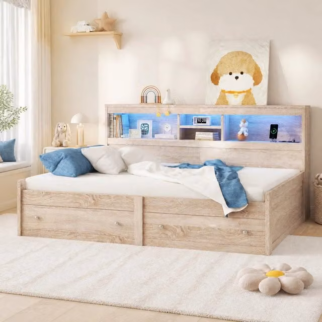 Letto da giorno ULEVR 90x200 cm con 2 cassetti, LED multicolore, USB e prese di ricarica, naturale
