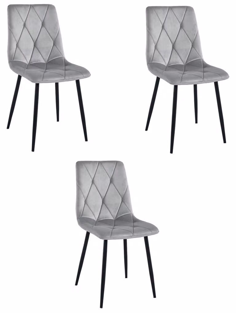 Valora LIBRA, grigio argento, gambe nere vellutate, set di 3 | 3 sedie eleganti in argento con un tocco moderno