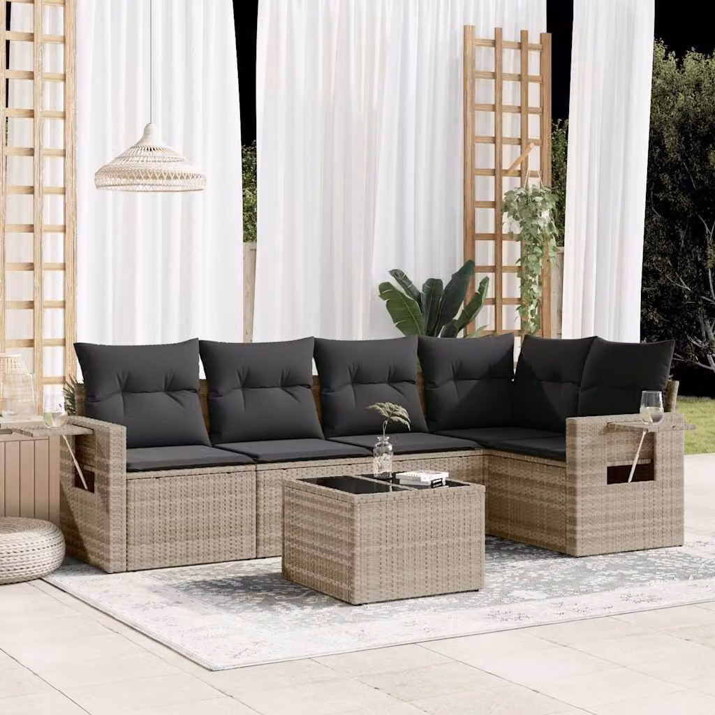 Set Divano da Giardino a L vidaXL in Polyrattan Grigio con Cuscini e Tavolino da 6 Pezzi – 1