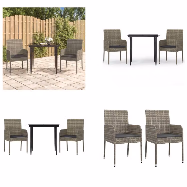 vidaXL Set da pranzo da giardino 3 pezzi con cuscini in poly rattan nero e grigio - Set da pranzo da giardino - Set da pranzo da giardino - Set da pranzo da terrazza