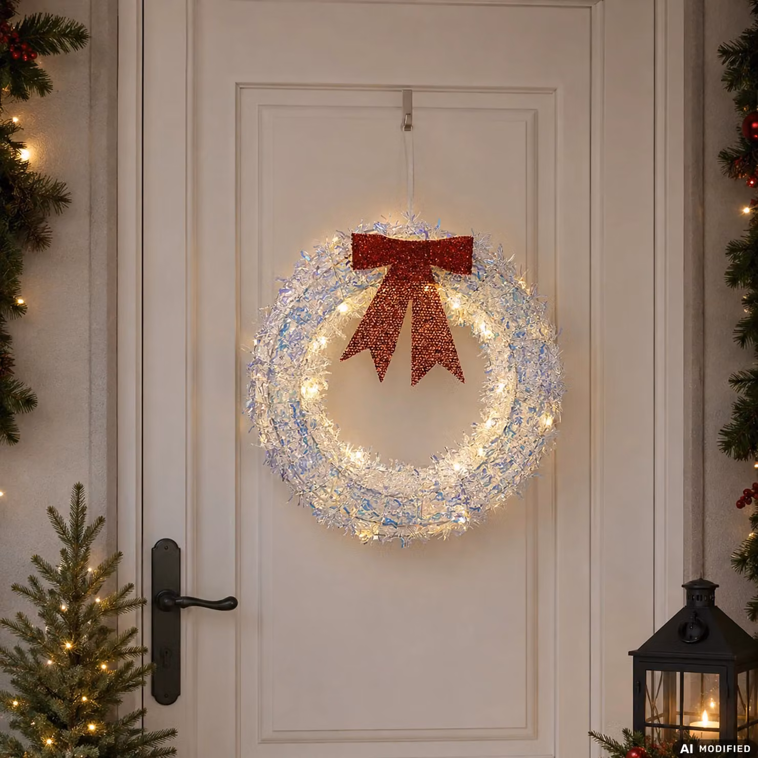 Ghirlanda Natalizia Luminosa Dictrolux Argento Iridescente con Fiocco Rosso, 30 Micro LED Bianco Cal caldo a Batteria, Diametro: 30 cm – 2