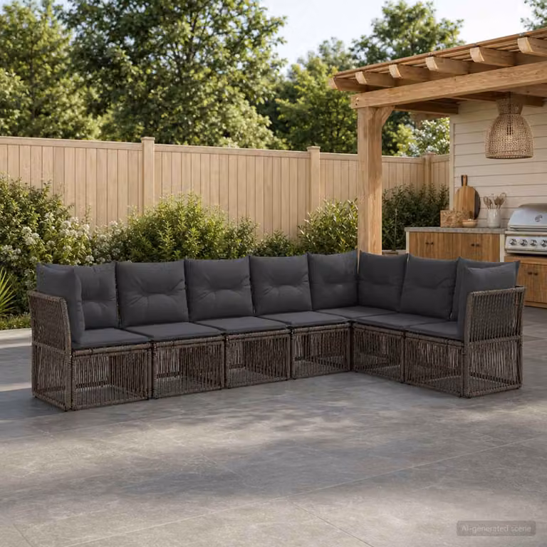 Set Divano da Giardino vidaXL 7 pz a L Grigio con Cuscini Imbottiti e Struttura in Metallo e Polyrattan