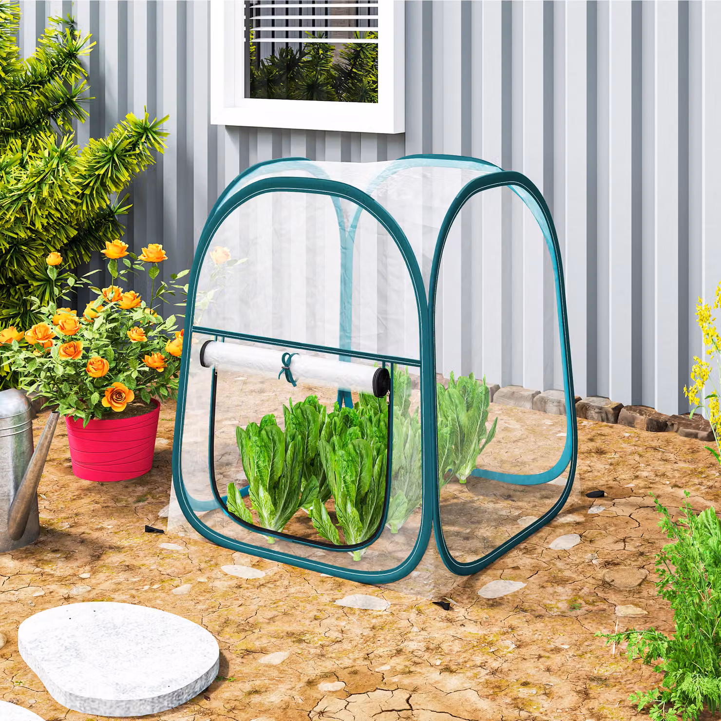Mini Serra da Giardino Outsunny con Telaio in Acciaio e Copertura in Plastica Trasparente, Finestra Avvolgibile e Borsa, L/P/H: 70 x 70 x 80 cm – 2