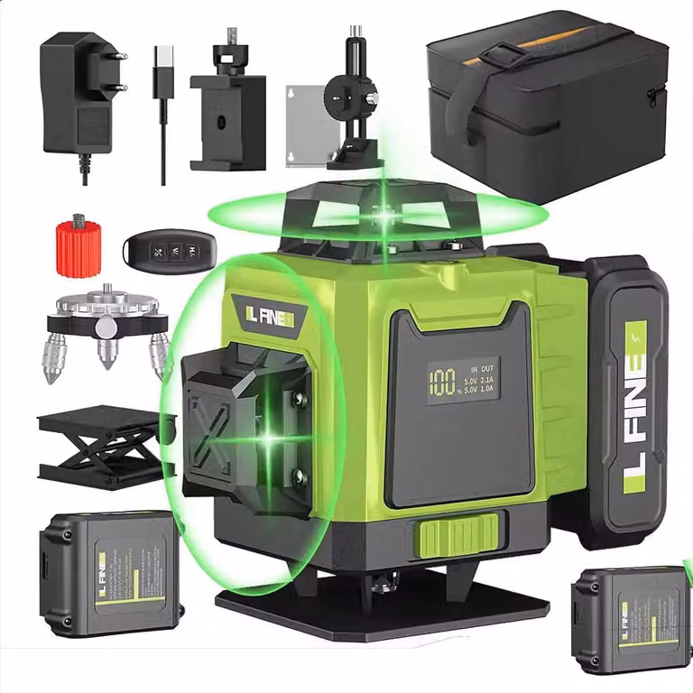 Dispositivo di livellamento laser - Set - Autolivellante a 16 linee - Batterie al litio ricaricabili 2× 4800 mAh - Spina UE - Base girevole in alluminio - Marrone