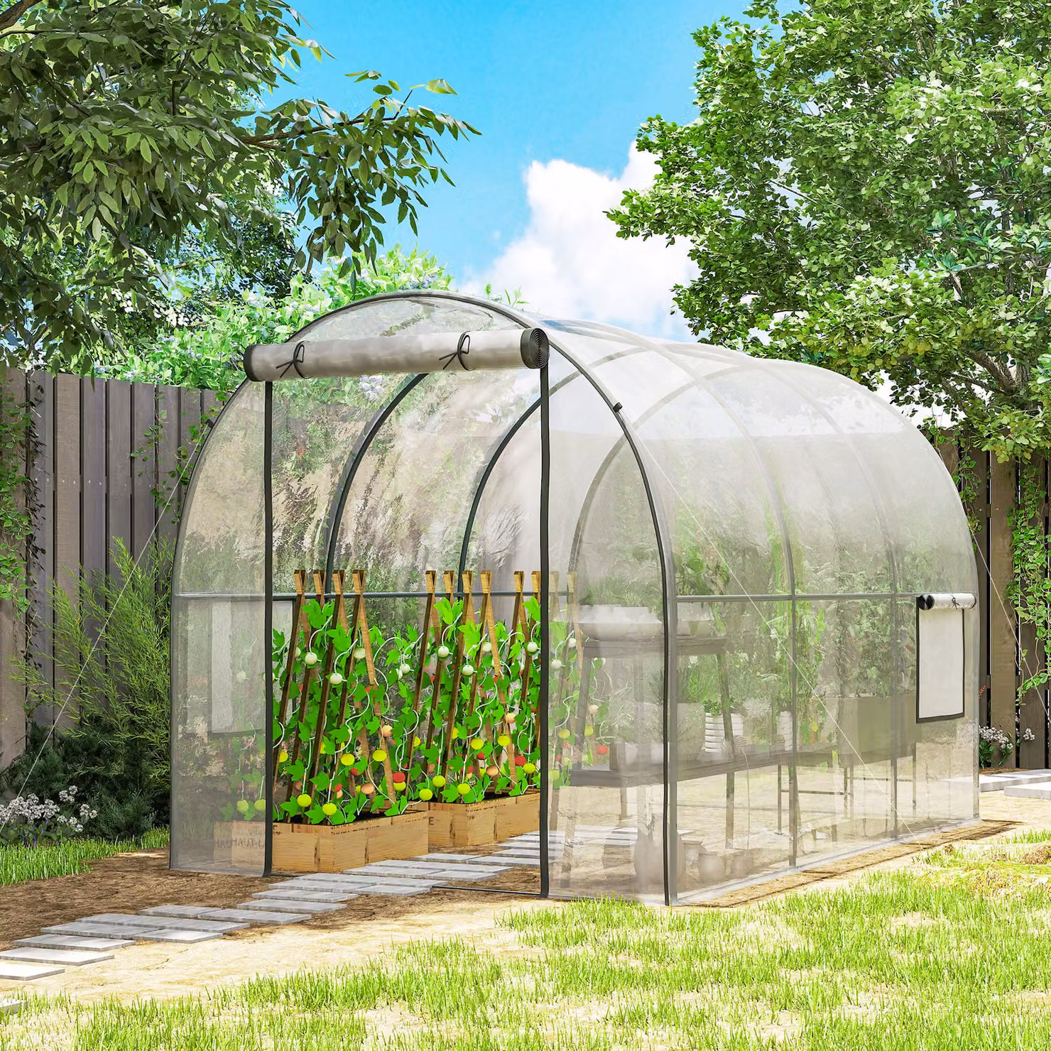 Outsunny Serra a Tunnel Trasparente con Porta Avvolgibile e Finestre a Rete in Acciaio e Plastica L: 300 cm, P: 200 cm, H: 180 cm – 2