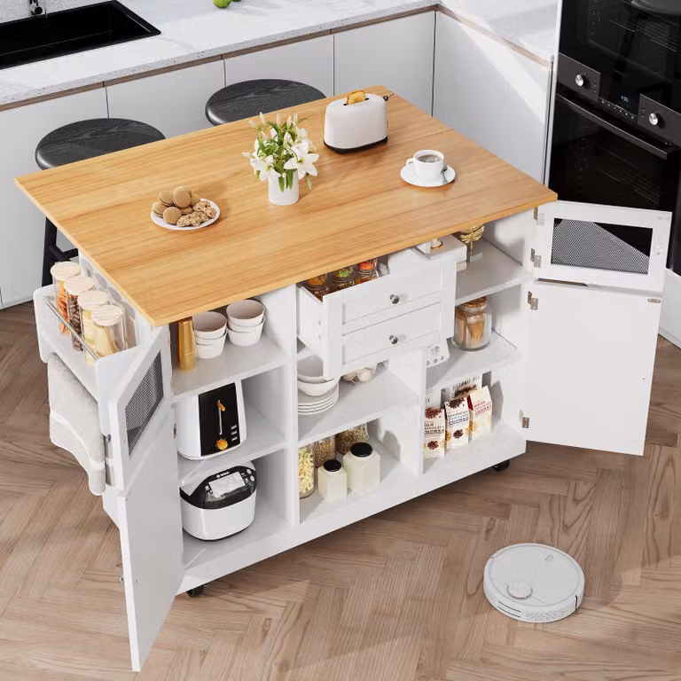 okwish: Isola da cucina. Mobile contenitore con decorazione in legno e portasciugamani, pensile da cucina, carrello portaoggetti con divisori regolabili, ante a tre dimensioni, colore bianco