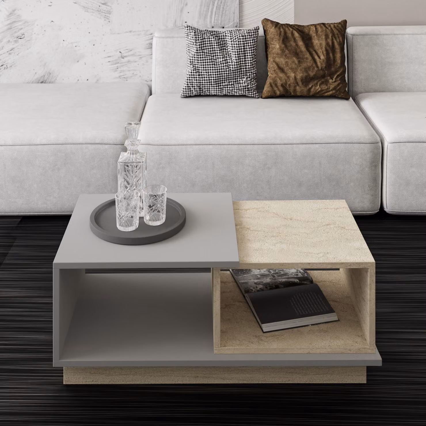 Skye Decor, tavolino moderno con ripiani, travertino e grigio, 90 x 36 x 45 cm | Pannello truciolare rivestito al 100% in melamina, spessore 18 mm | Design elegante con spazio aggiuntivo per riporre oggetti.
