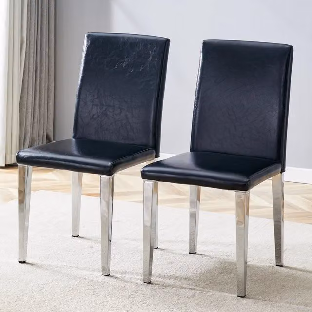 [Set di 2 sedie da pranzo minimaliste] Lusso leggero in stile europeo, nei colori nero e argento: rivestimento in similpelle nera e gambe in metallo c