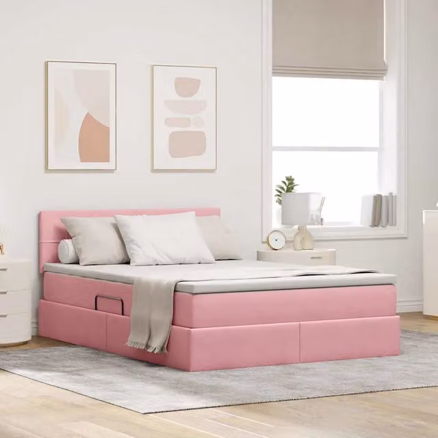 vidaXL Letto con Contenitore in Velluto Rosa e Bianco L/P/H: 200 x 140 x 88 cm