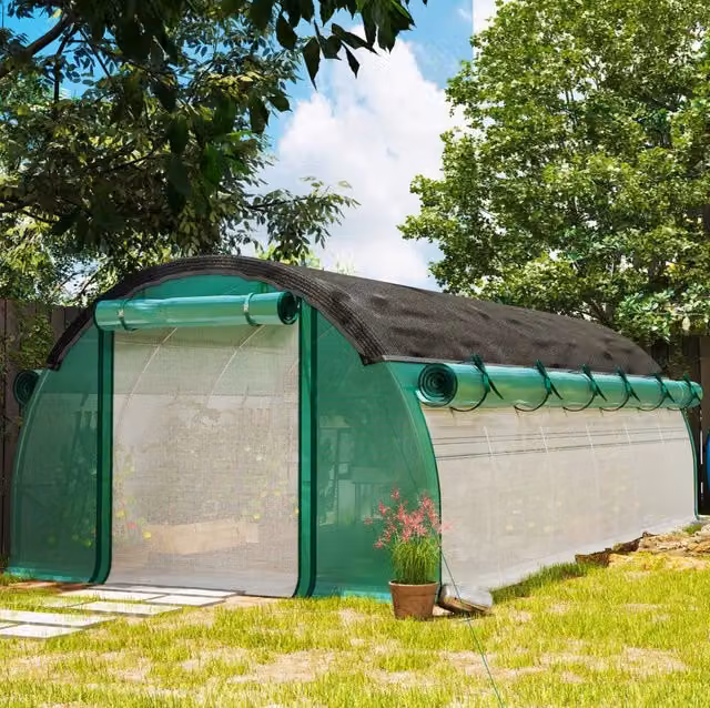 Serra a tunnel 6x3x2 m con copertura in plastica UV resistente, 12 finestre, porte a rullo e pareti laterali arrotolabili verdi
