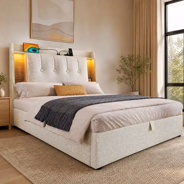 Letto contenitore Mivray in lino beige con vano idraulico, testiera con scomparti, illuminazione LED e porte USB e Type-C, L/P: 90 x 200 cm – 1