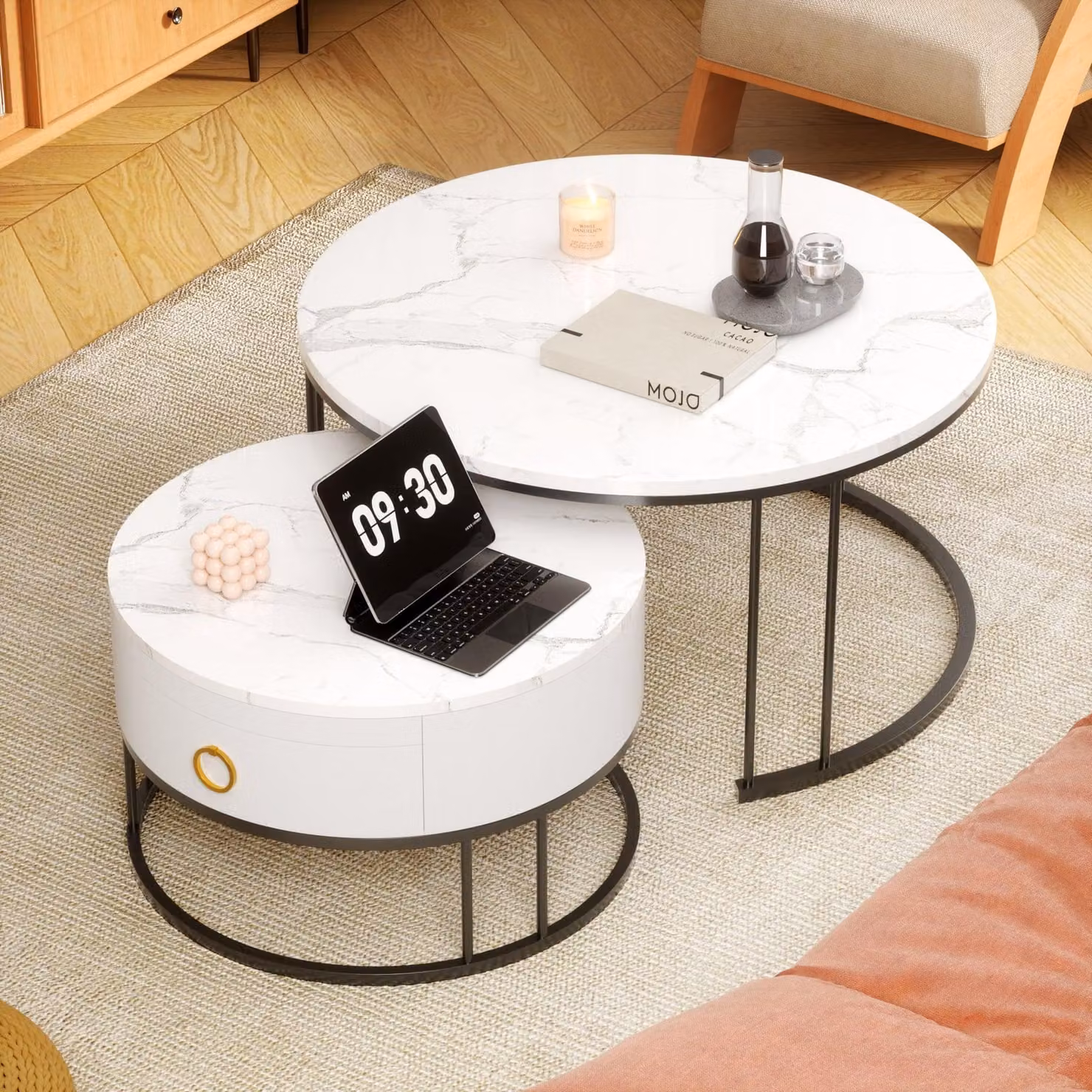 Set di due tavolini da salotto - Tavolino per il soggiorno - Tavolino per il balcone - Tavolino in marmo - Tavolino lucido - Bianco
