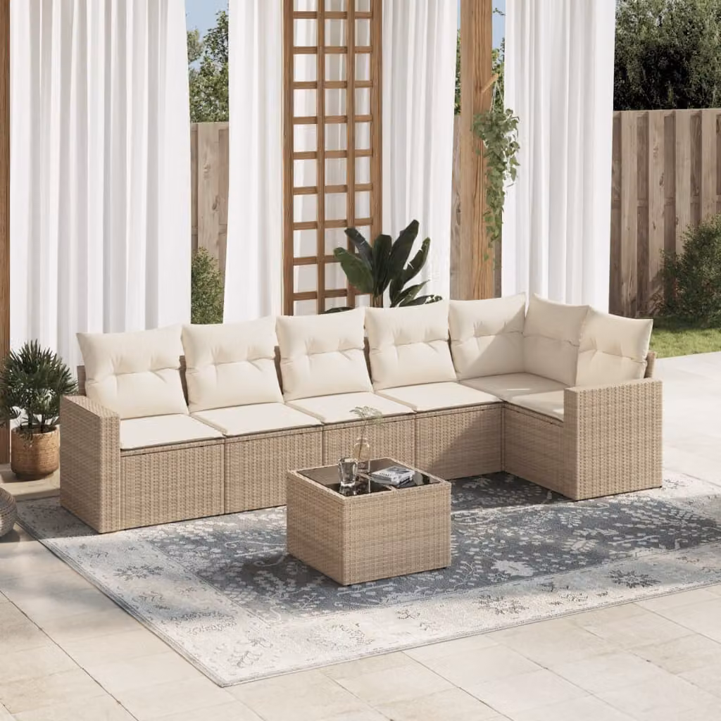 vidaXL Set Divani da Giardino 7 pz in Polyrattan con Cuscini Beige e Tavolino