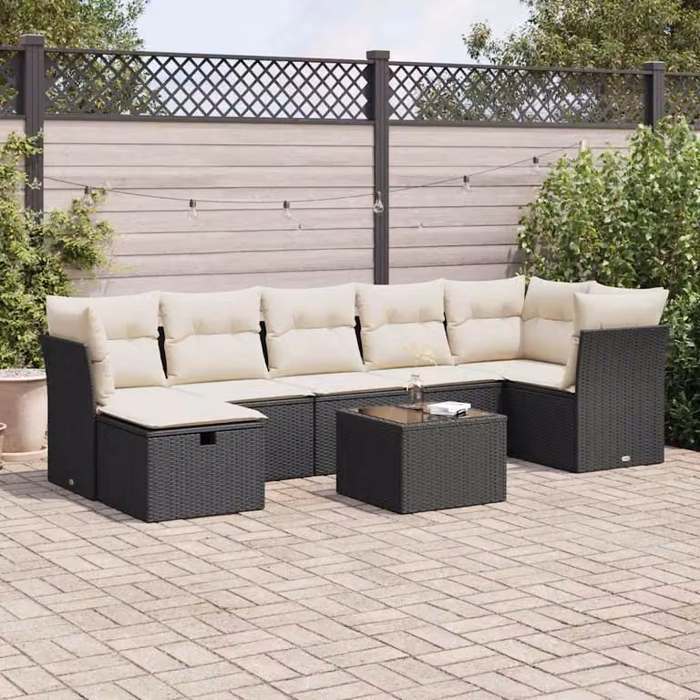 Set Divani da Giardino vidaXL in Polyrattan con Cuscini e Tavolino, 8 Pezzi, Nero e Bianco