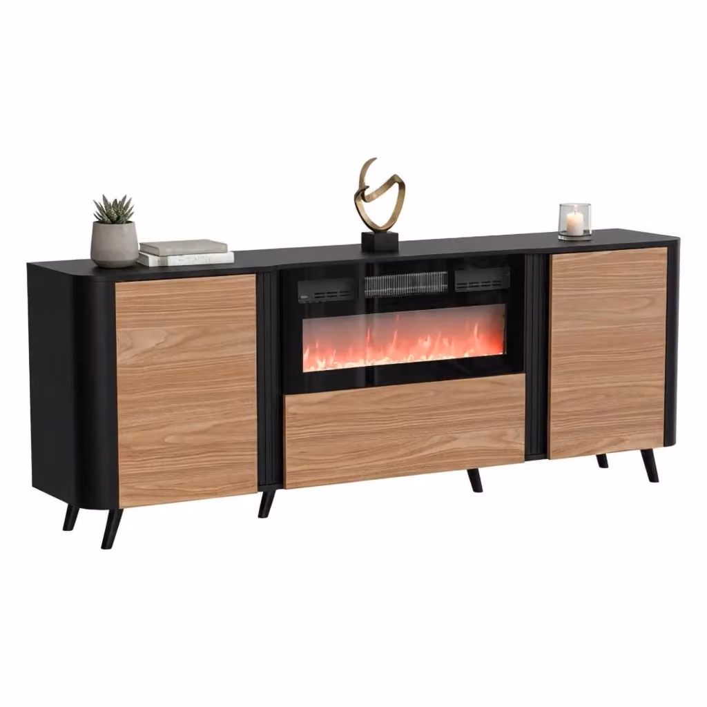 Credenza Briano DMORA, Madia da salotto con camino elettrico, due ante battenti e anta a ribalta, Nero e Noce, L: 191 cm, P: 40 cm, H: 69 cm – 2