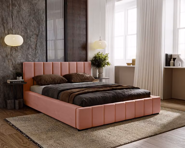 Letto imbottito Nero con materasso a molle insacchettate Salsa incluso, 180x200 cm, letto matrimoniale con contenitore e rete a doghe in legno, tessuto in velluto: rosa