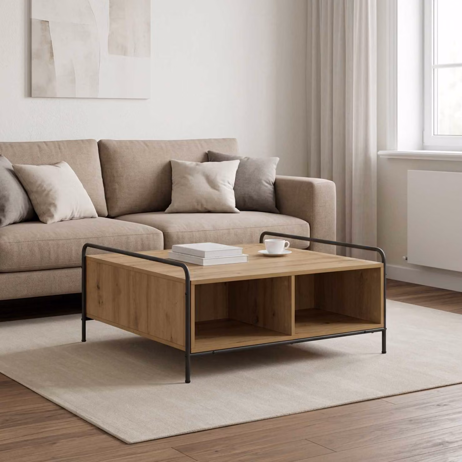 vidaXL Tavolino da salotto moderno in legno e metallo color rovere, L 90 x P 90 x H 41 cm