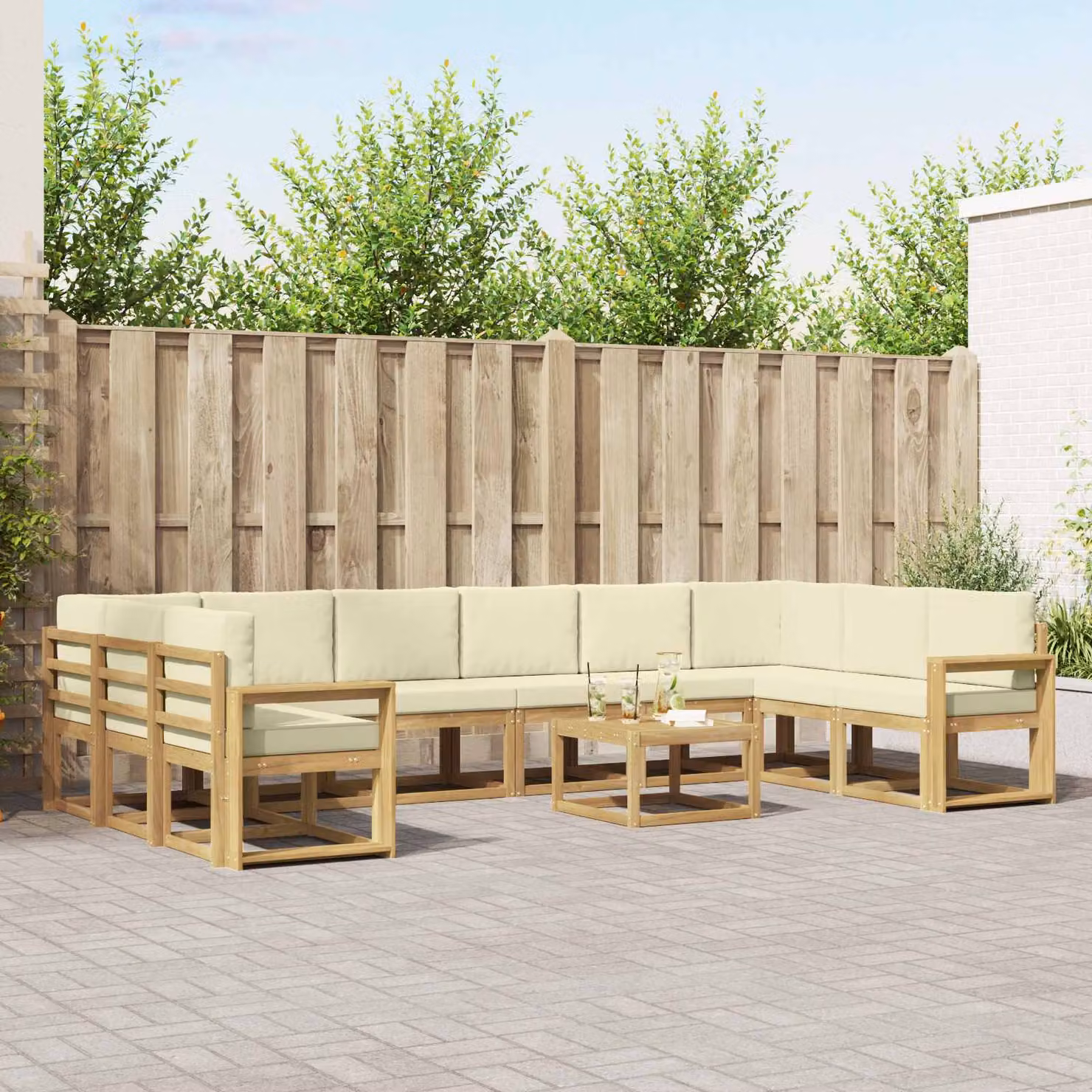 Set di divani da esterno vidaXL 11 pz in legno di acacia con cuscini, forma a L, colori bianco, beige e marrone