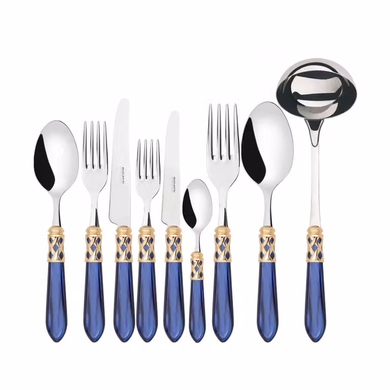 Set di posate ALADDIN da 75 pezzi in acciaio inossidabile con ghiera dorata e scatola in legno Wengè, colore blu