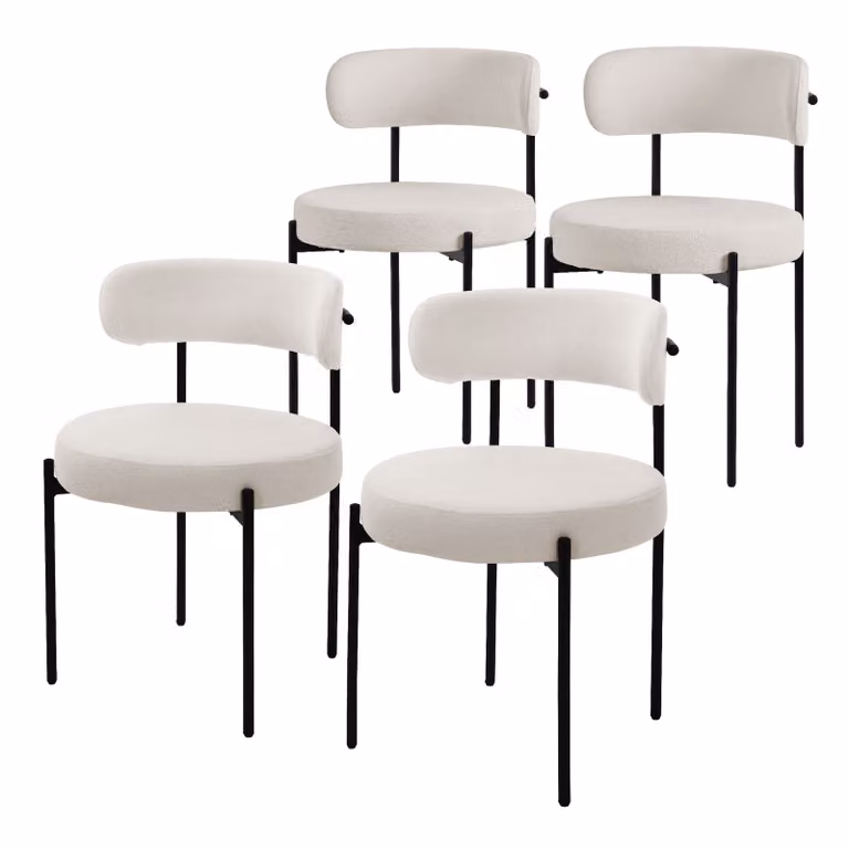 ML-Design set di 4 sedie per sala da pranzo, sedia da cucina, in tessuto teddy bianco, sedia da soggiorno con schienale, sedie imbottite con gambe in metallo, sedia lounge