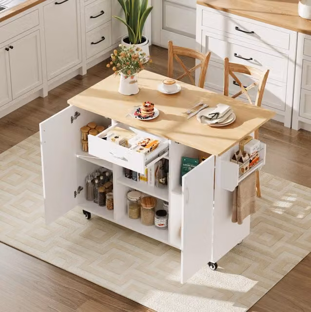 Isola da Cucina con Piano Estensibile e Ruote, 120 cm, Bianco e Rovere, Carrello con Cassetto e Armadietti, 92,9x120x43,5 cm